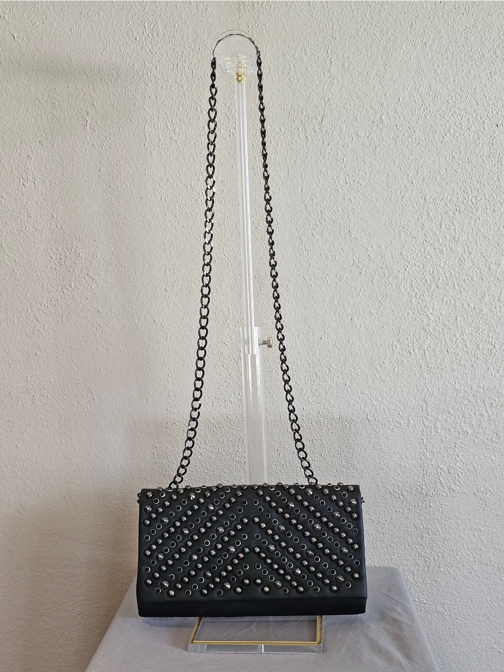 ALDO Black Studded Chain Shoulder Bag Envelope Clutch Gunmetal Rock Glam Purse